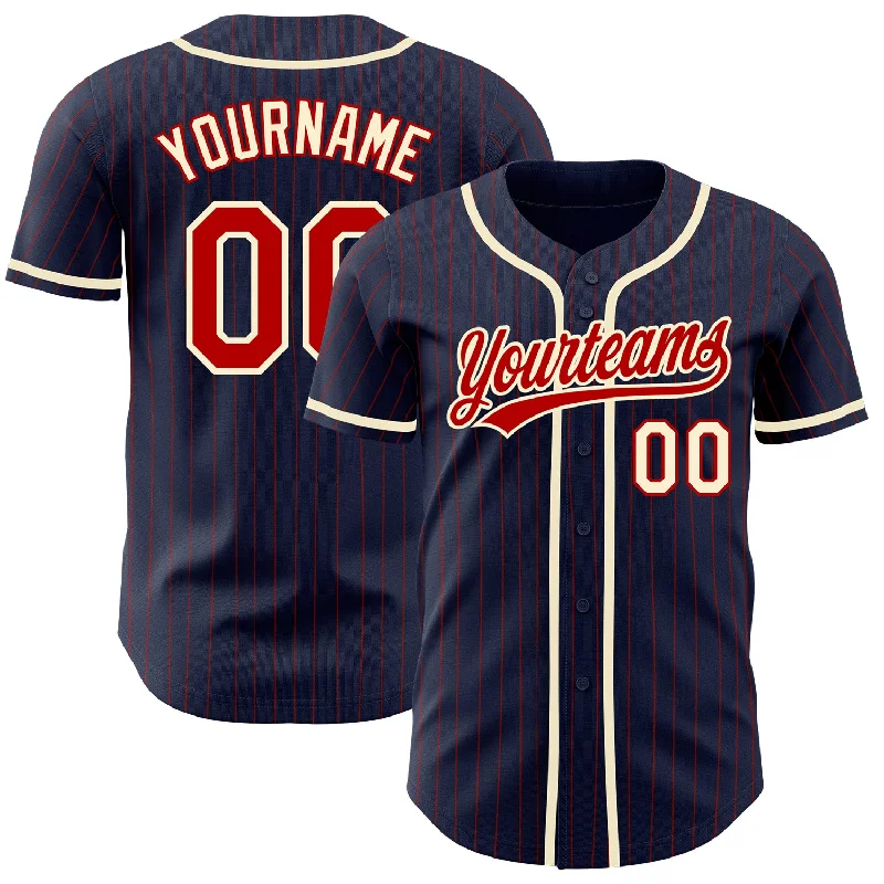 Baseball Jersey for Youth Players-Custom Navy Red Pinstripe Cream Authentic Baseball Jersey