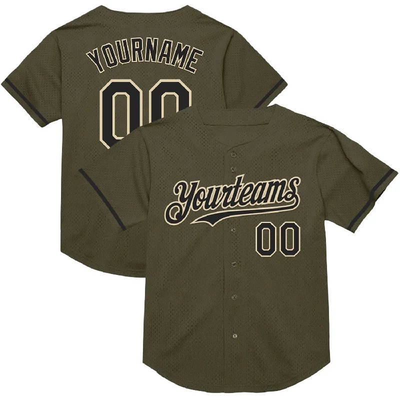 Baseball Jersey for Outdoor and Indoor Games-Custom Olive Black-Cream Mesh Authentic Throwback Salute To Service Baseball Jersey