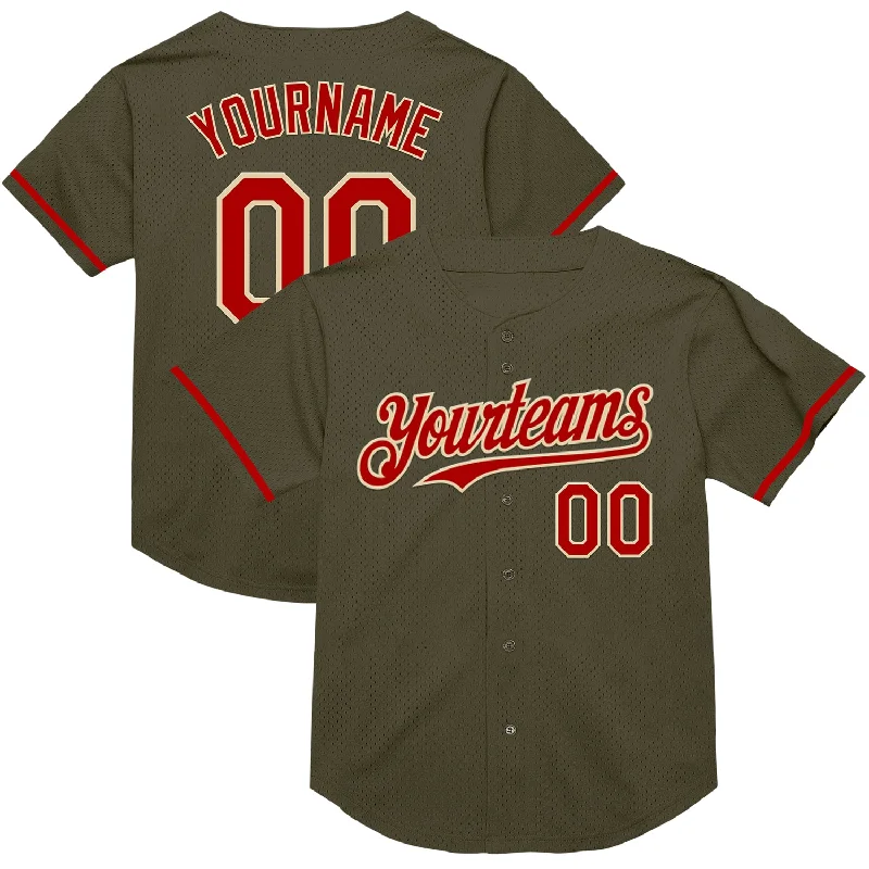 Baseball Jersey for Softball and Baseball Teams-Custom Olive Red-Cream Mesh Authentic Throwback Salute To Service Baseball Jersey