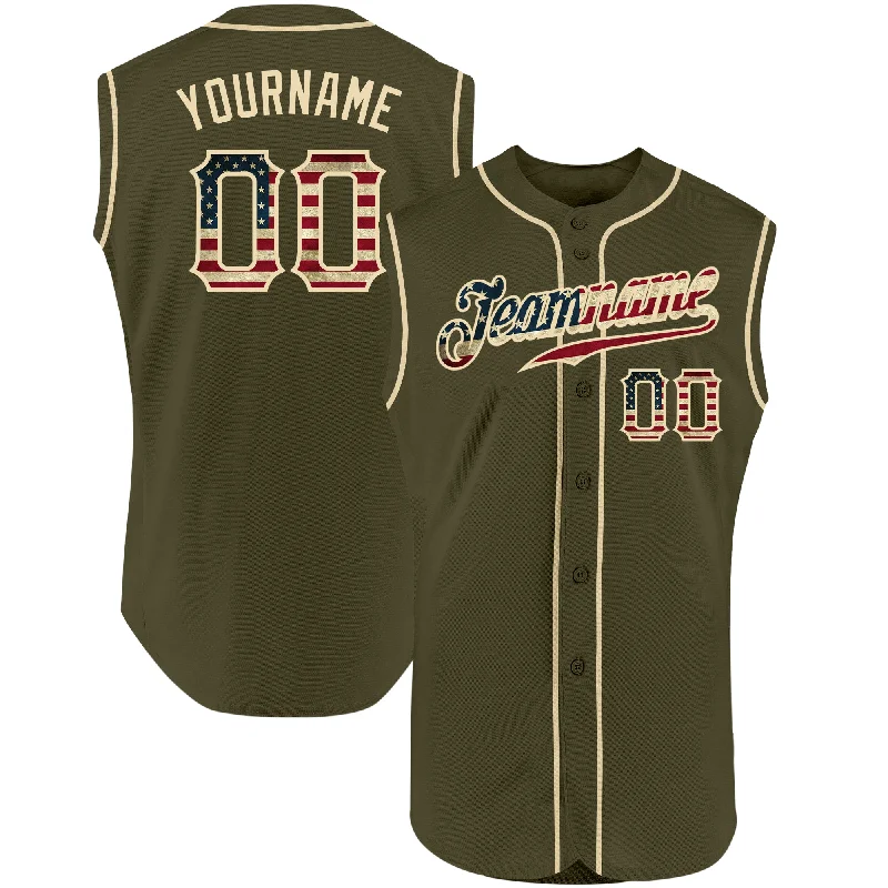 Baseball Jersey with Soft Fabric for Optimal Comfort-Custom Olive Vintage USA Flag-Cream Authentic Sleeveless Salute To Service Baseball Jersey