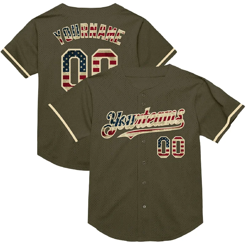 Baseball Jersey for Comfortable Fit and Look-Custom Olive Vintage USA Flag-Cream Mesh Authentic Throwback Salute To Service Baseball Jersey