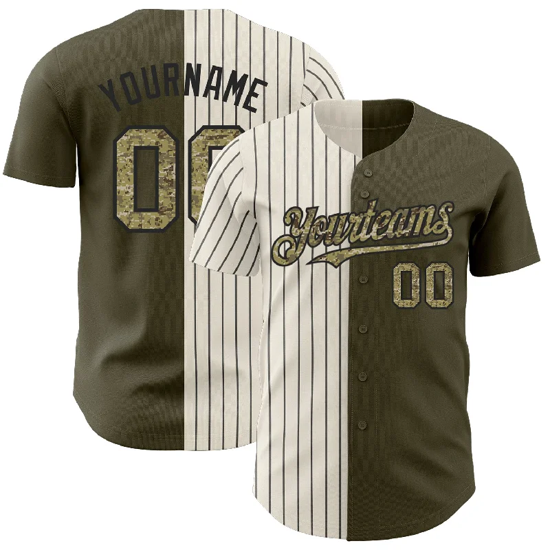 Baseball Jersey for Fast-Pitch Play and Comfort-Custom Olive Camo Cream-Black Pinstripe Authentic Split Fashion Salute To Service Baseball Jersey