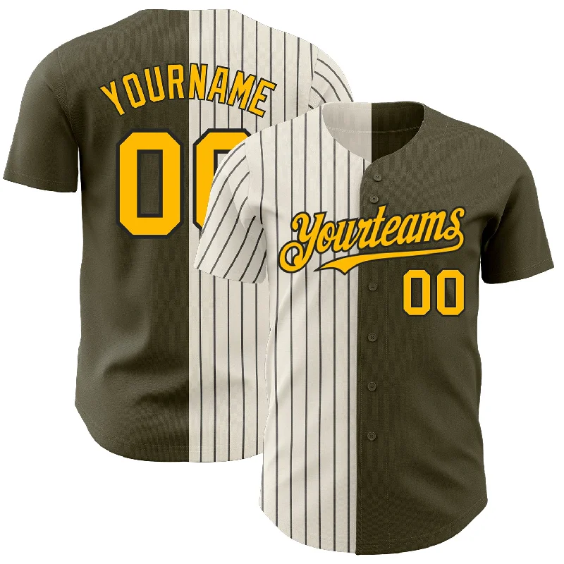 Baseball Jersey for Comfortable Wear Throughout the Day-Custom Olive Gold Cream-Black Pinstripe Authentic Split Fashion Salute To Service Baseball Jersey