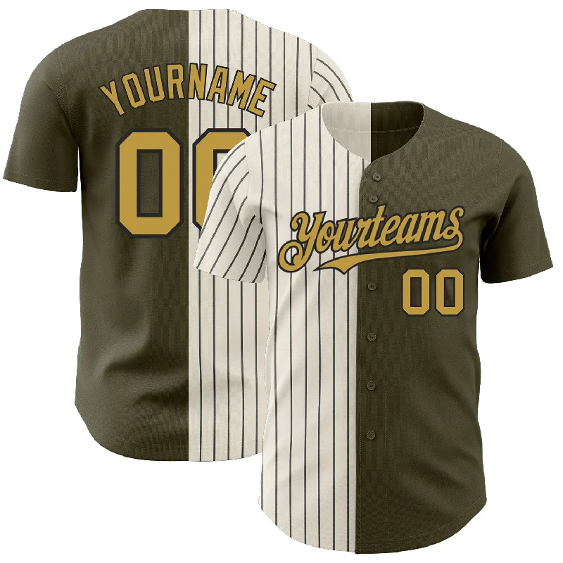 Baseball Jersey for Maximum Range of Motion and Comfort-Custom Olive Old Gold Cream-Black Pinstripe Authentic Split Fashion Salute To Service Baseball Jersey