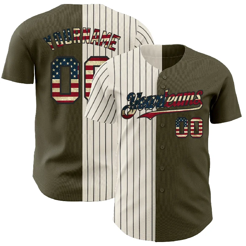 Baseball Jersey for Pro-Style Look and Feel-Custom Olive Vintage USA Flag Cream-Black Pinstripe Authentic Split Fashion Salute To Service Baseball Jersey