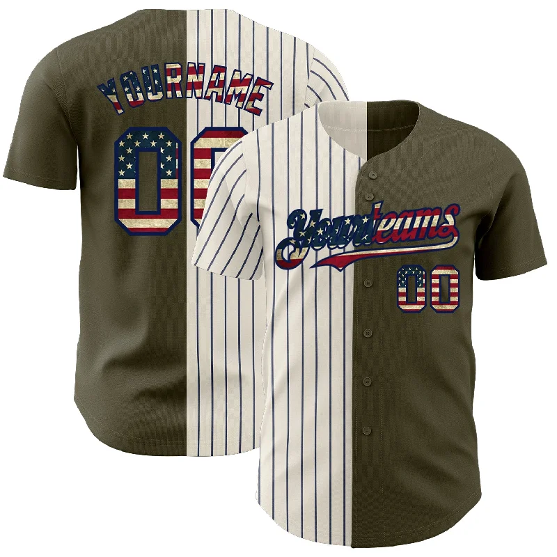 Baseball Jersey with Soft Fabric for Optimal Comfort-Custom Olive Vintage USA Flag Cream-Navy Pinstripe Authentic Split Fashion Salute To Service Baseball Jersey