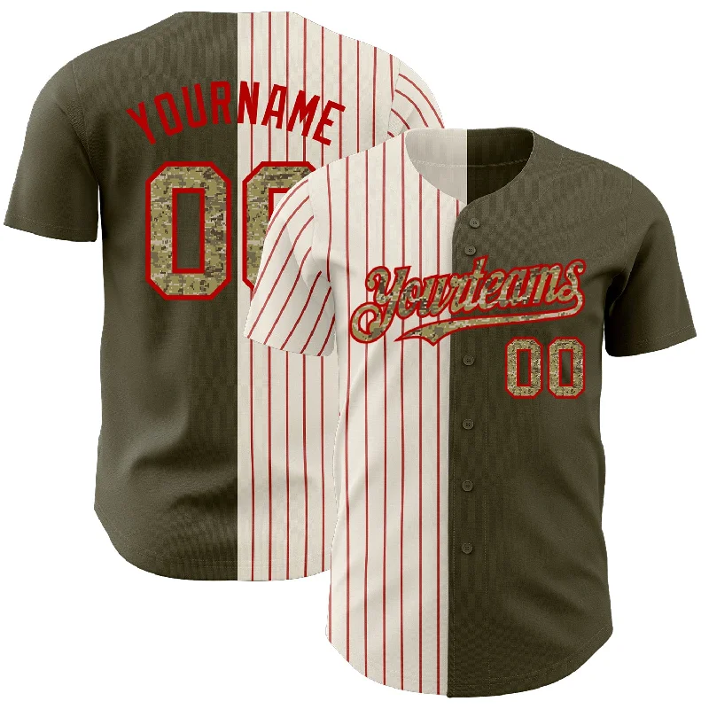 Baseball Jersey with Moisture Control for Comfort-Custom Olive Camo Cream-Red Pinstripe Authentic Split Fashion Salute To Service Baseball Jersey