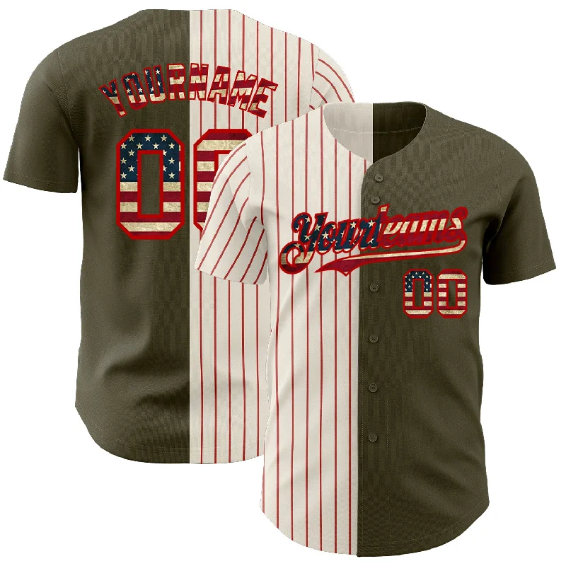 Baseball Jersey for Easy Fit and Quick Movement-Custom Olive Vintage USA Flag Cream-Red Pinstripe Authentic Split Fashion Salute To Service Baseball Jersey