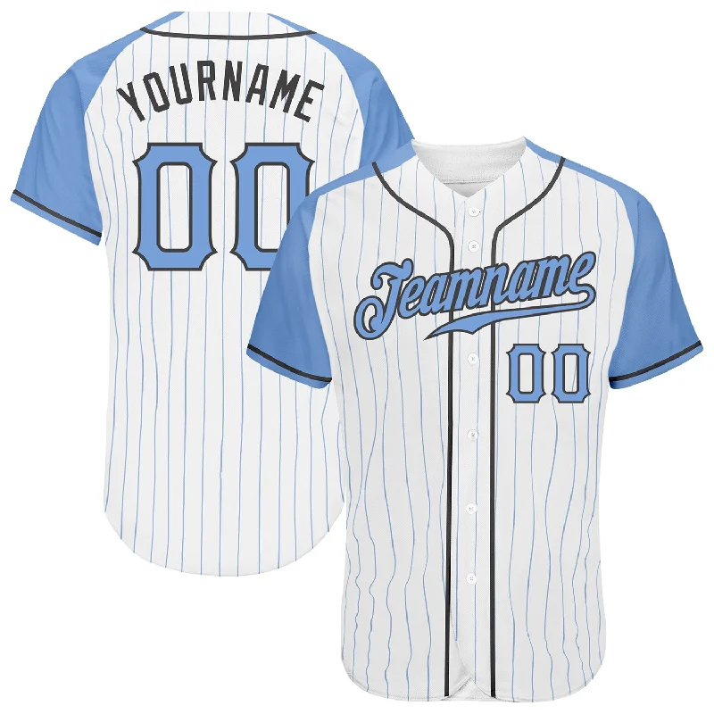 Baseball Jersey for Maximum Range of Motion and Comfort-Custom White Light Blue Pinstripe Light Blue-Steel Gray Authentic Father's Day Raglan Sleeves Baseball Jersey