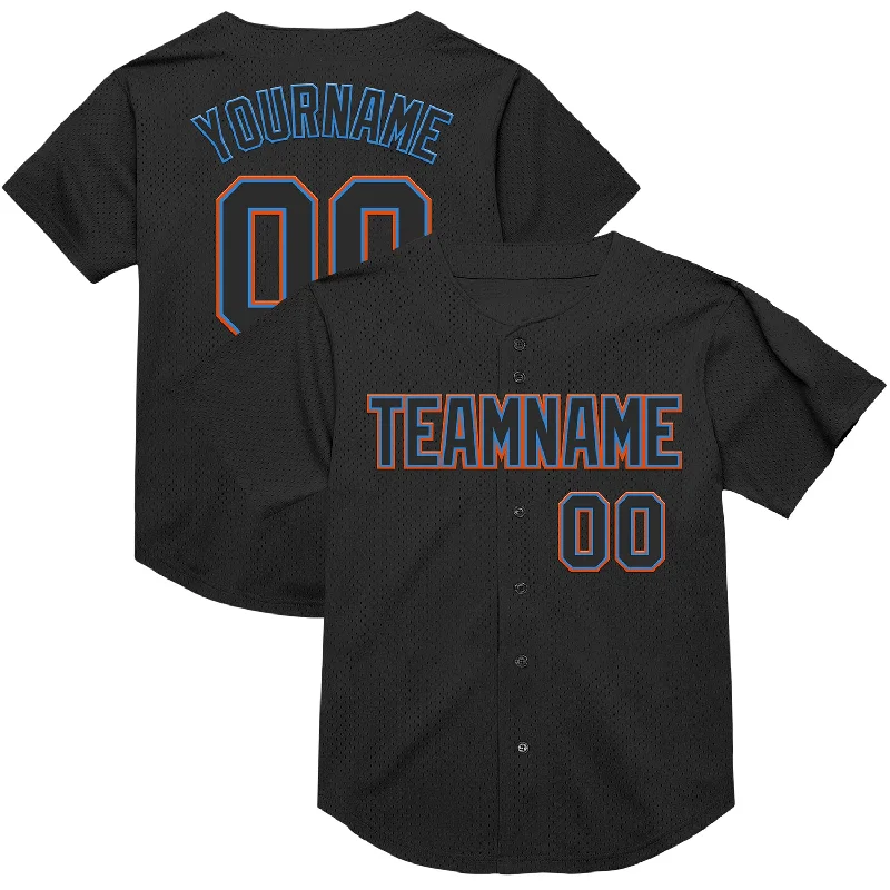 Baseball Jersey for Easy Mobility and Comfort-Custom Black Electric Blue-Orange Mesh Authentic Throwback Baseball Jersey