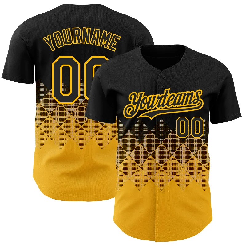 Baseball Jersey for Youth League Games-Custom Black Gold 3D Pattern Design Gradient Square Shapes Authentic Baseball Jersey