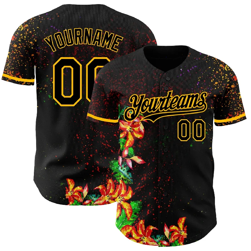 Baseball Jersey for Easy Flexibility and Motion-Custom Black Gold 3D Pattern Design Holi Festival Color Powder Authentic Baseball Jersey