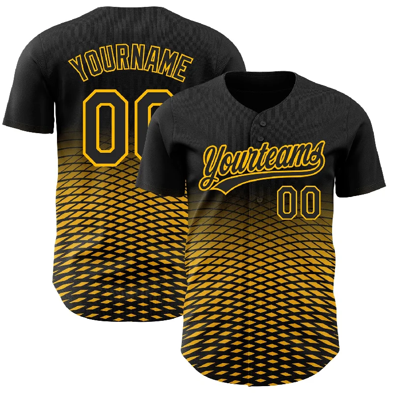 Baseball Jersey with Stretch for Better Fit-Custom Black Gold 3D Pattern Design Gradient Lines Authentic Baseball Jersey