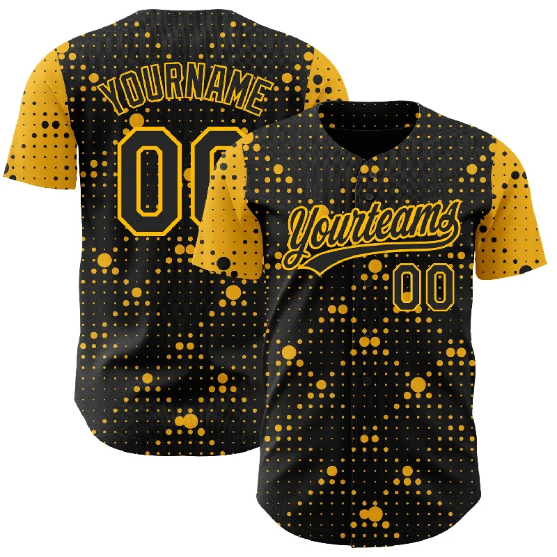 Best Baseball Jersey for Hot Weather-Custom Black Gold 3D Pattern Design Geometric Halftone Dots Authentic Baseball Jersey