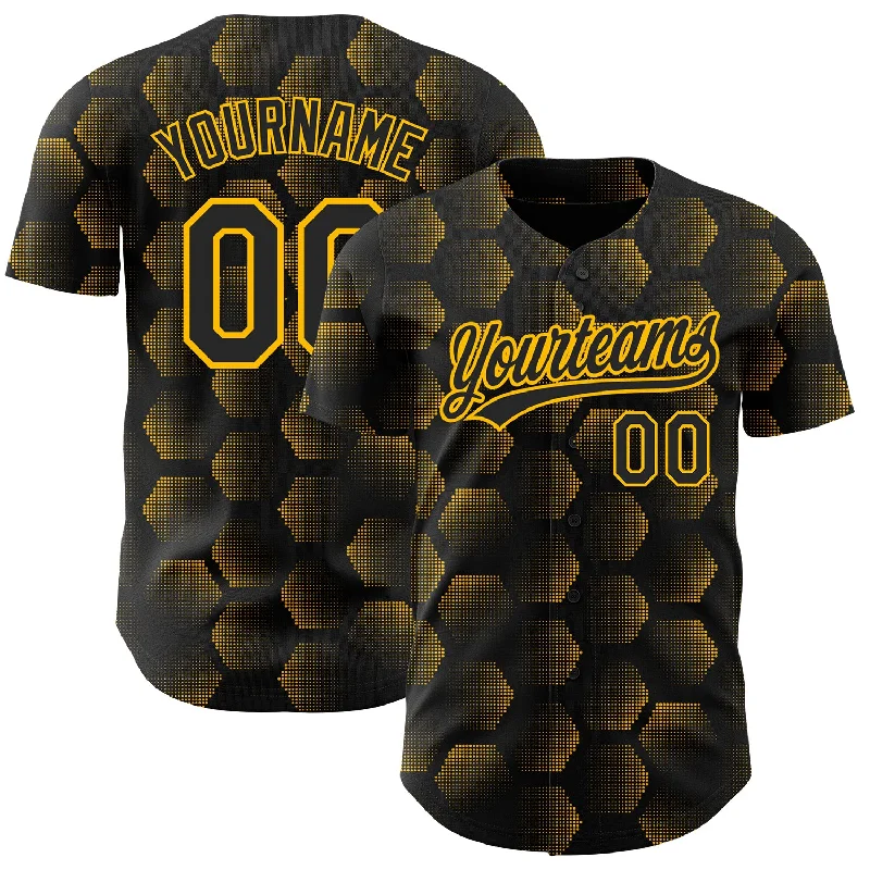 Baseball Jersey for Improved Movement and Performance-Custom Black Gold 3D Pattern Design Halftone Geometric Shapes Authentic Baseball Jersey