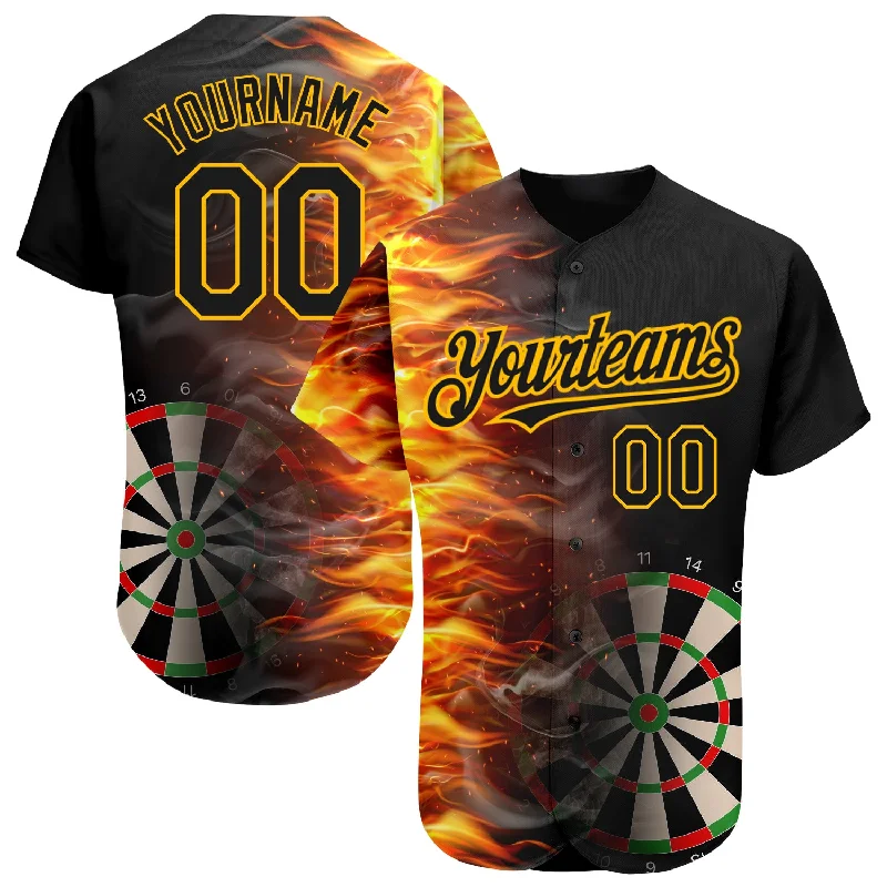 Baseball Jersey for Better Fit and Freedom of Movement-Custom Black Gold 3D Pattern Design Fiery Dart Board Authentic Baseball Jersey