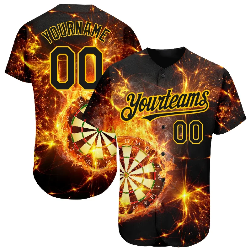 Baseball Jersey with Adjustable Fit and Breathability-Custom Black Gold 3D Pattern Design Flame Dart Board Authentic Baseball Jersey