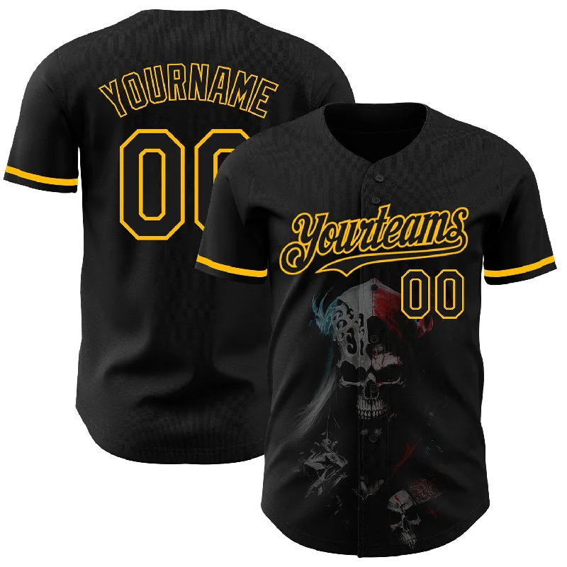 Custom Baseball Jersey for Team Uniforms-Custom Black Gold 3D Skull Fashion Authentic Baseball Jersey