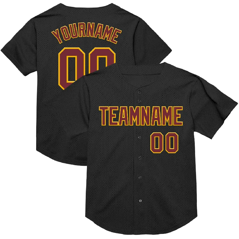 Baseball Jersey for Maximum Comfort During Long Games-Custom Black Burgundy-Gold Mesh Authentic Throwback Baseball Jersey