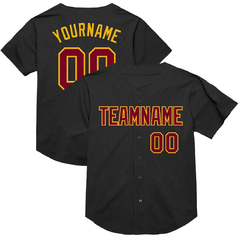 Baseball Jersey for Soft Feel and Flexible Play-Custom Black Maroon-Gold Mesh Authentic Throwback Baseball Jersey