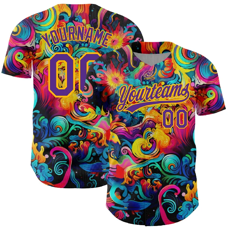 Baseball Jersey for Long-Lasting Comfort-Custom Black Purple-Gold 3D Pattern Design Abstract Painting Authentic Baseball Jersey