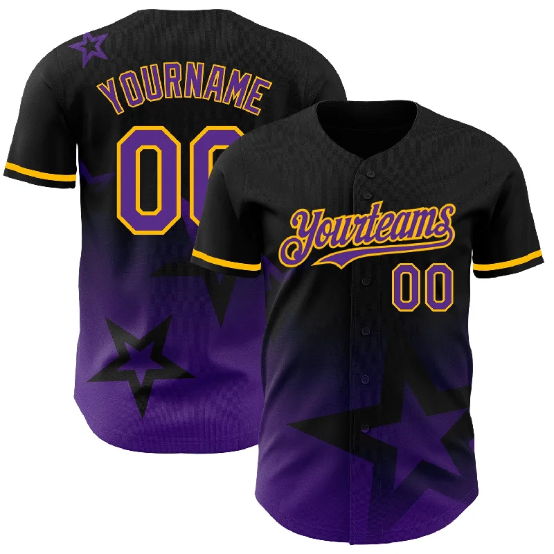 Baseball Jersey with Stylish Design for Professional Look-Custom Black Purple-Gold 3D Pattern Design Gradient Style Twinkle Star Authentic Baseball Jersey