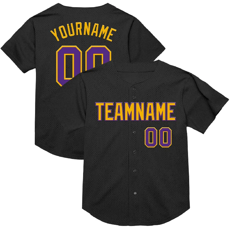 Baseball Jersey for Comfortable Wear Throughout the Day-Custom Black Purple-Gold Mesh Authentic Throwback Baseball Jersey