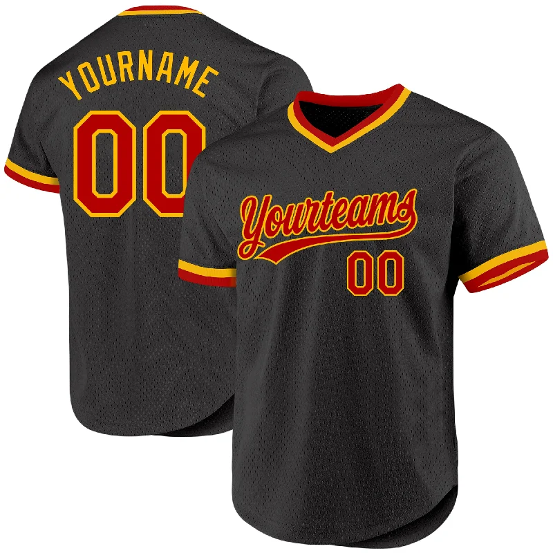 Baseball Jersey with Adjustable Fit for All Sizes-Custom Black Red-Gold Authentic Throwback Baseball Jersey