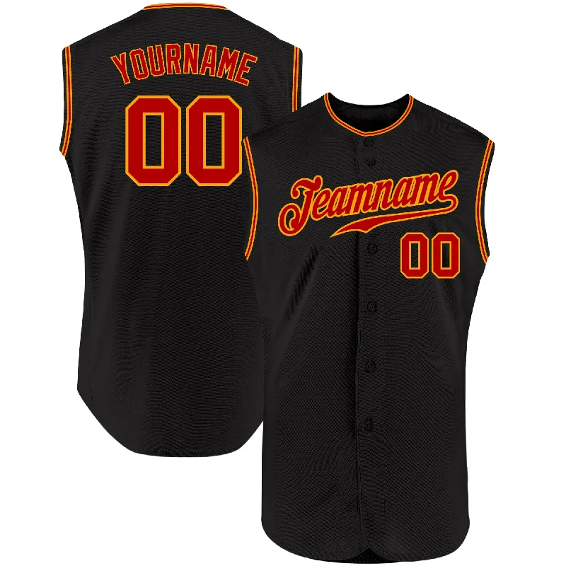 Baseball Jersey with Extra Stretch for Comfort and Flexibility-Custom Black Red-Gold Authentic Sleeveless Baseball Jersey