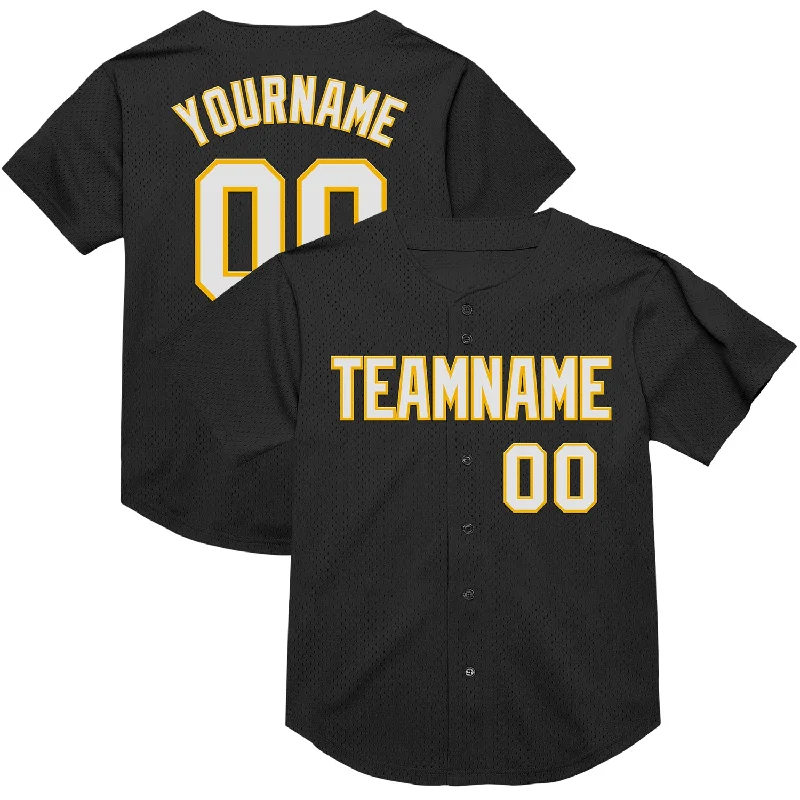 Baseball Jersey for Warm-Weather Play and Cool Comfort-Custom Black White-Gold Mesh Authentic Throwback Baseball Jersey