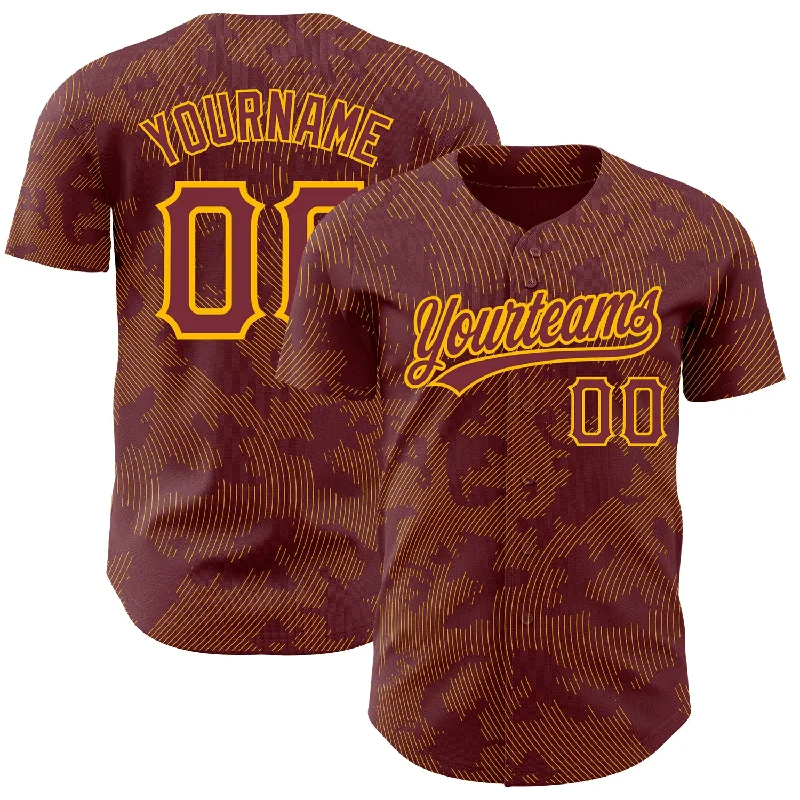 Baseball Jersey for Dynamic Movements on the Field-Custom Burgundy Gold 3D Pattern Design Curve Lines Authentic Baseball Jersey