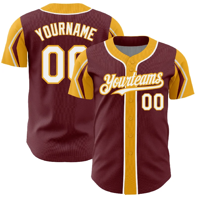 Baseball Jersey for Dynamic Play-Custom Burgundy White-Gold 3 Colors Arm Shapes Authentic Baseball Jersey