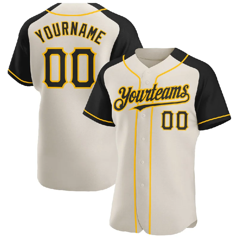 Baseball Jersey for Consistent Comfort During Play-Custom Cream Black-Gold Authentic Raglan Sleeves Baseball Jersey