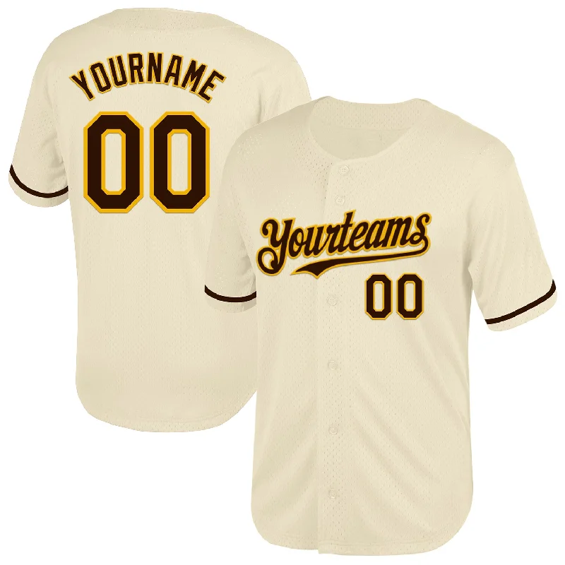 Baseball Jersey with Adjustable Fit and Breathability-Custom Cream Brown-Gold Mesh Authentic Throwback Baseball Jersey