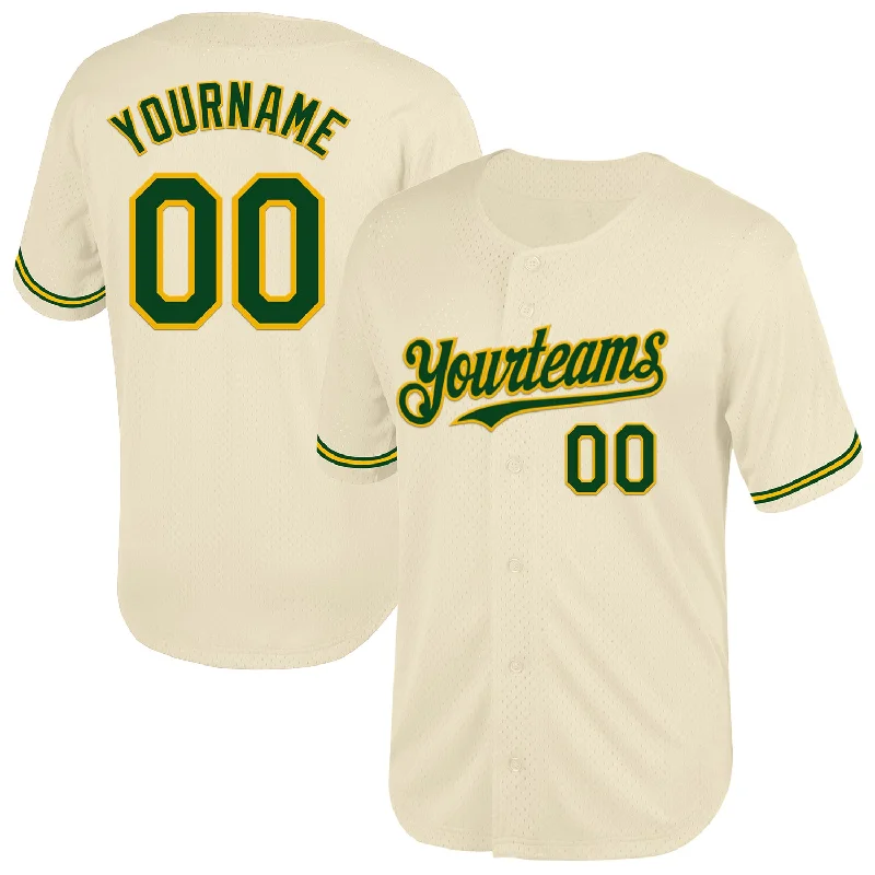 Baseball Jersey for Quick-Drying Comfort and Performance-Custom Cream Green-Gold Mesh Authentic Throwback Baseball Jersey