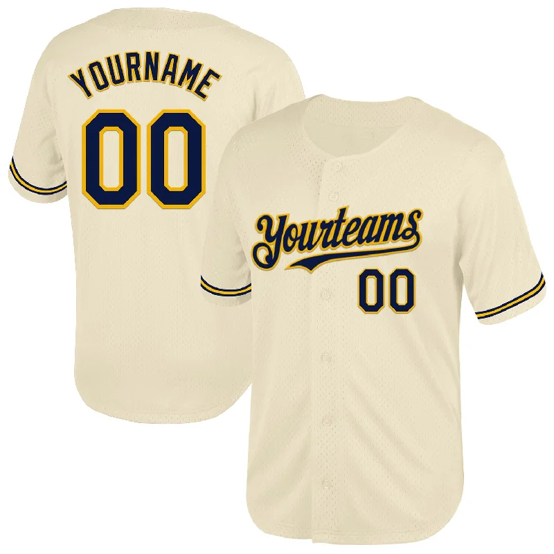 Baseball Jersey for Maximum Comfort and Freedom of Movement-Custom Cream Navy-Gold Mesh Authentic Throwback Baseball Jersey