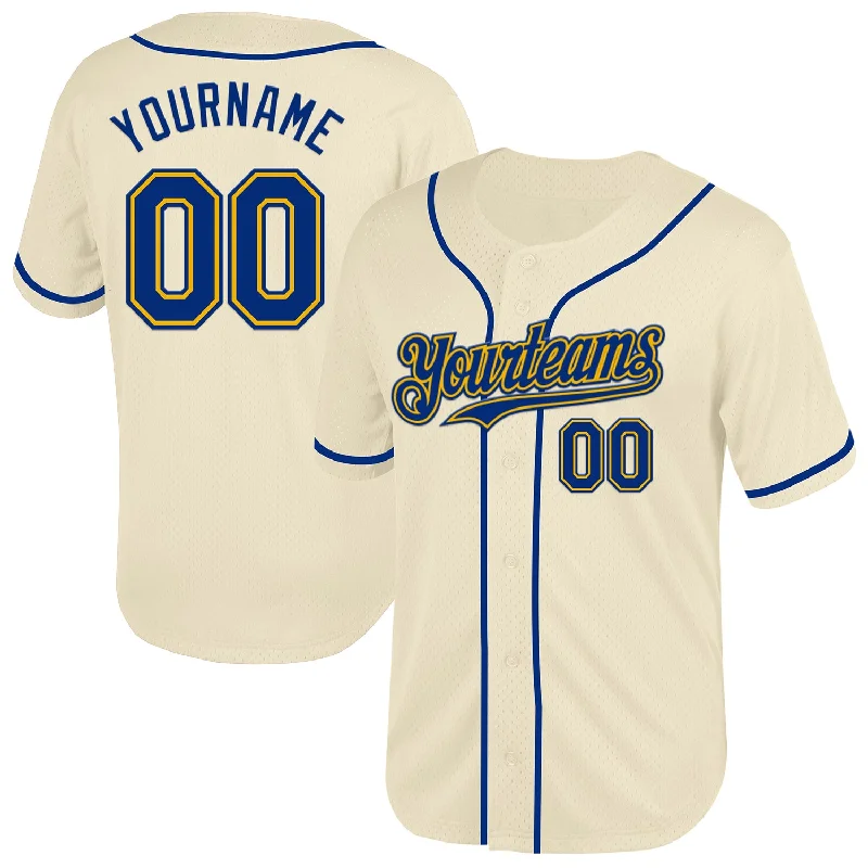 Baseball Jersey with Ultra-Light Design-Custom Cream Royal-Gold Mesh Authentic Throwback Baseball Jersey