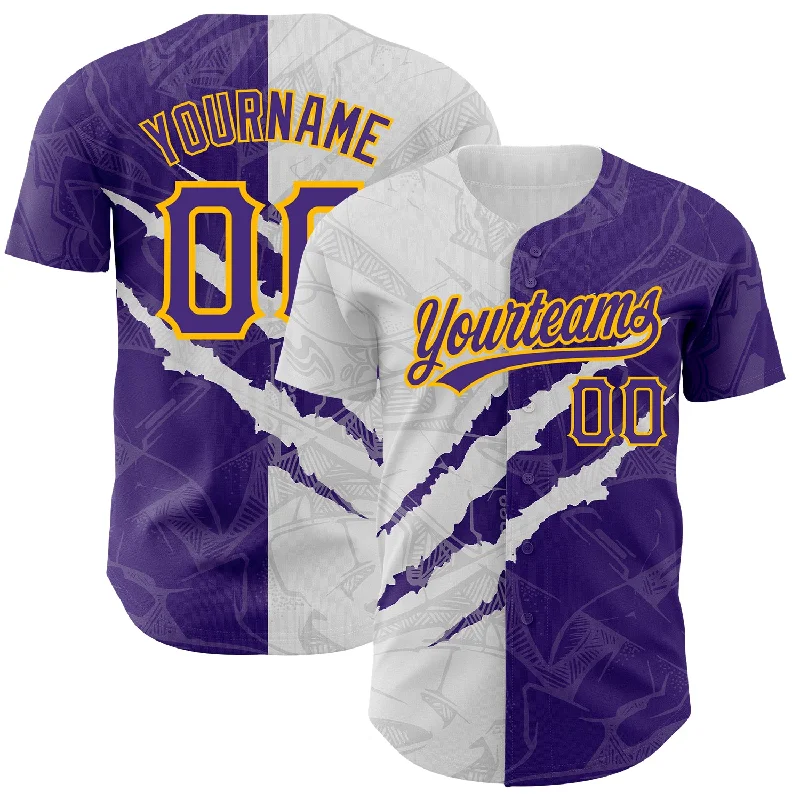 Baseball Jersey for Ultimate Performance in Any Game-Custom Graffiti Pattern Purple-Gold 3D Scratch Authentic Baseball Jersey