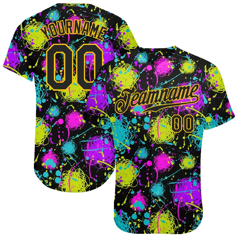 Baseball Jersey for Pro-Level Performance and Style-Custom Graffiti Pattern Black-Gold 3D Neon Splatter Authentic Baseball Jersey