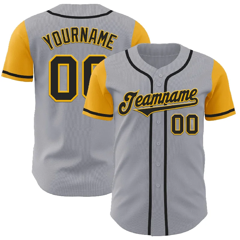 Baseball Jersey with Breathable Mesh for Ventilation-Custom Gray Black-Gold Authentic Two Tone Baseball Jersey