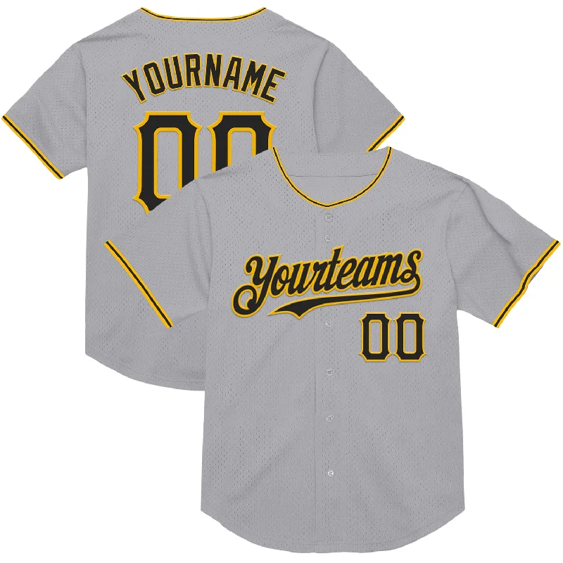 Baseball Jersey for Reliable Performance in All Games-Custom Gray Black-Gold Mesh Authentic Throwback Baseball Jersey