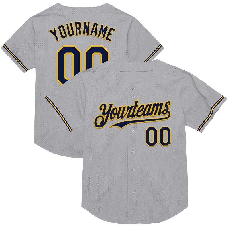 Baseball Jersey for High-Endurance Play-Custom Gray Navy-Gold Mesh Authentic Throwback Baseball Jersey