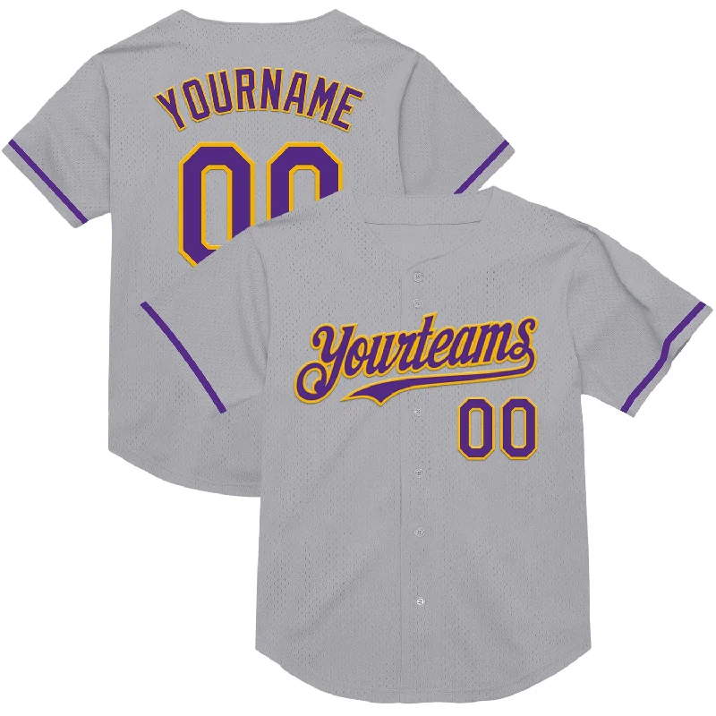 Baseball Jersey for Comfortable Swinging-Custom Gray Purple-Gold Mesh Authentic Throwback Baseball Jersey