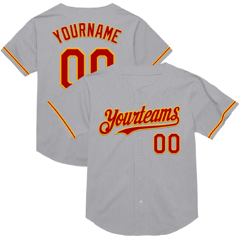 Baseball Jersey for Great Movement During Batting-Custom Gray Red-Gold Mesh Authentic Throwback Baseball Jersey