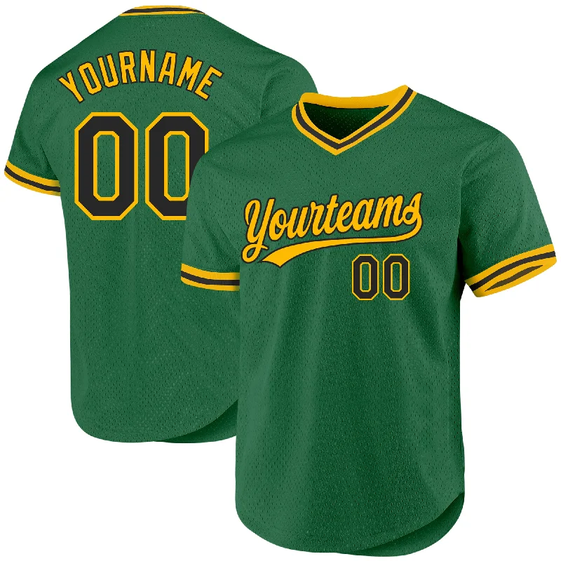 Baseball Jersey with Customizable Features for Teams-Custom Kelly Green Black-Gold Authentic Throwback Baseball Jersey