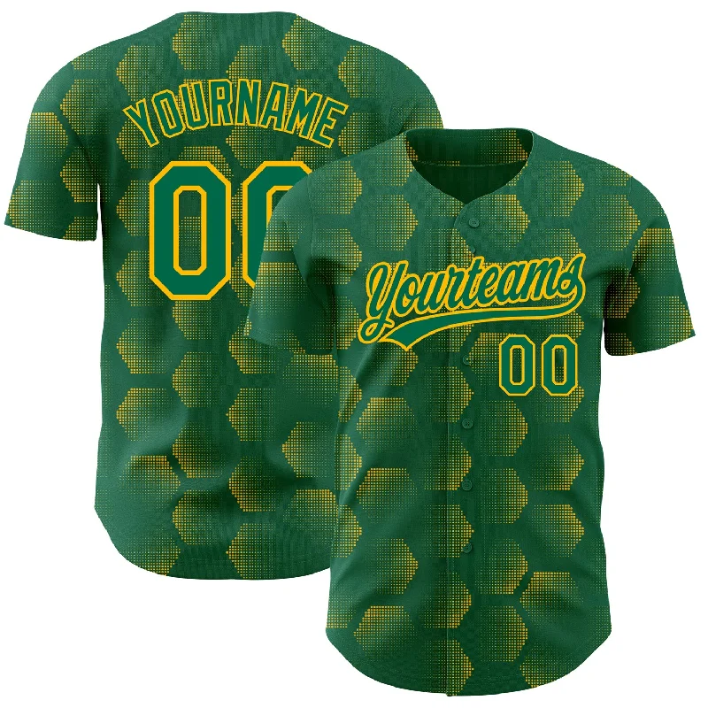 Baseball Jersey for Comfortable and Flexible Movement-Custom Kelly Green Gold 3D Pattern Design Halftone Geometric Shapes Authentic Baseball Jersey