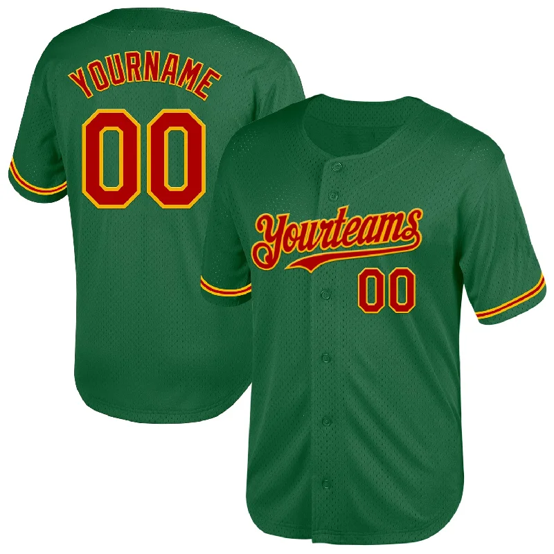 Baseball Jersey for Maximum Fit and Flexibility-Custom Kelly Green Red-Gold Mesh Authentic Throwback Baseball Jersey