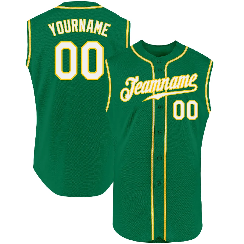 Baseball Jersey with Reinforced Shoulders for Protection-Custom Kelly Green White-Gold Authentic Sleeveless Baseball Jersey