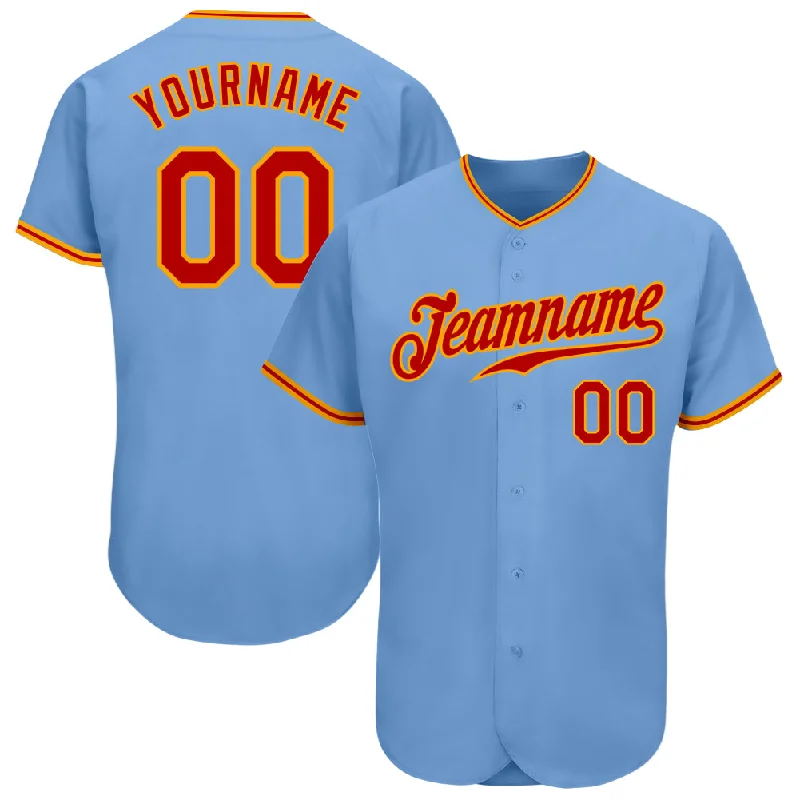 Baseball Jersey for Comfortable Fit and Optimal Performance-Custom Light Blue Red-Gold Authentic Baseball Jersey