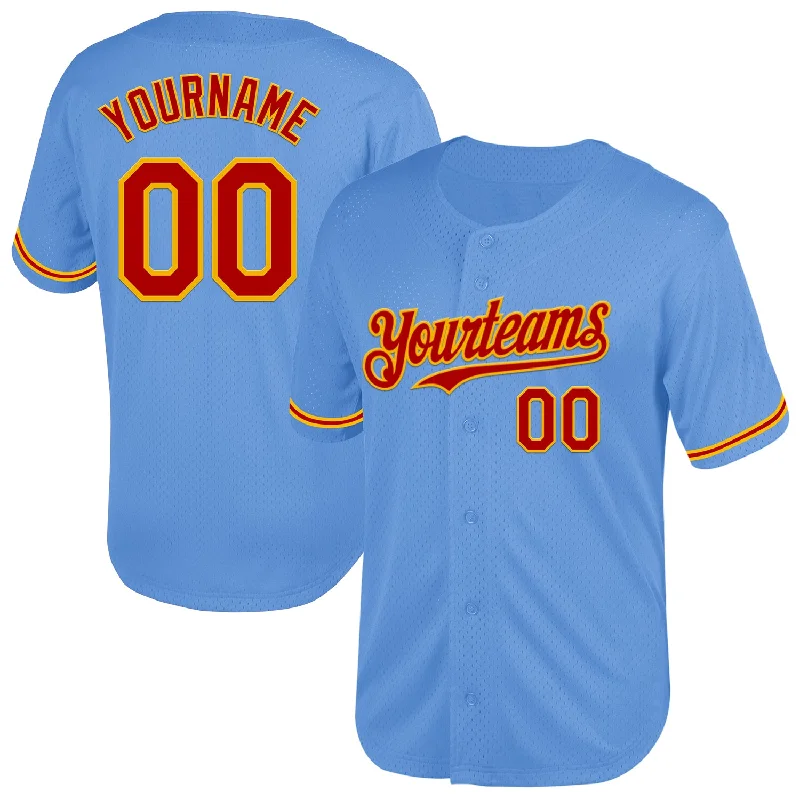 Baseball Jersey for Optimal Fit and Flexibility During Games-Custom Light Blue Red-Gold Mesh Authentic Throwback Baseball Jersey